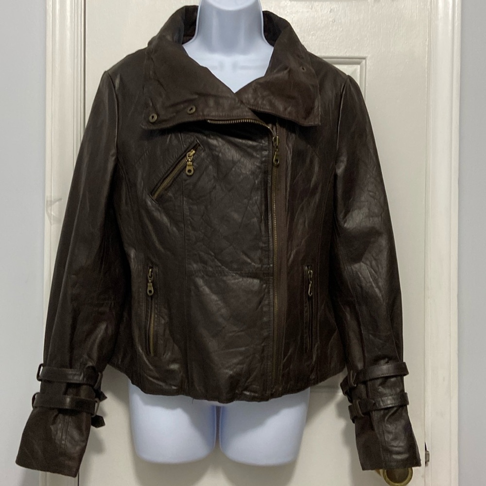 Funnel Neck Chocolate Brown Vintage Leather Y2K Jacket